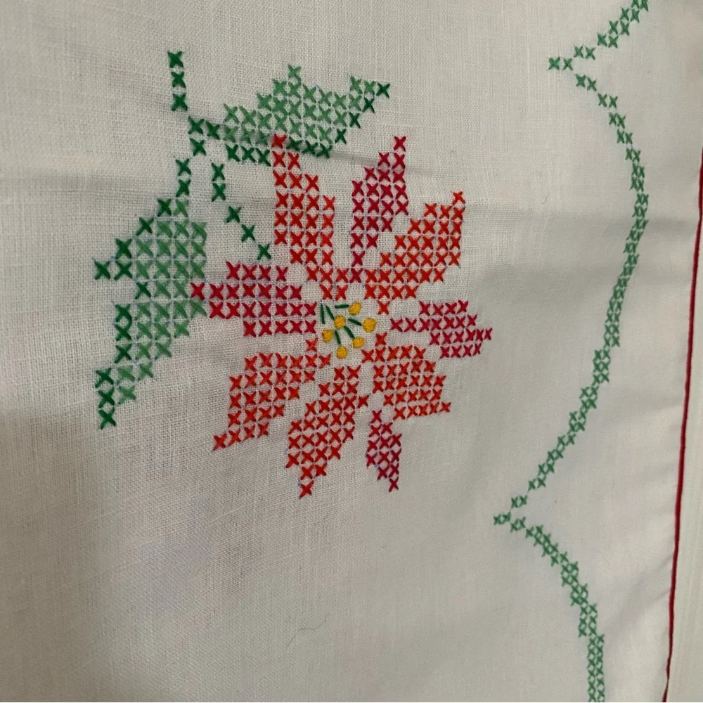 Vintage‎ Cross Stitched Christmas Poinsettia Linen Tablecloth 69x50